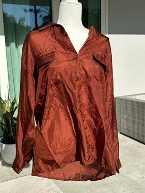 BOGARi Vintage Silk Rust Satin Button-Up Blouse Size M
